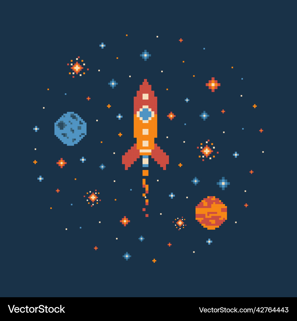 8 bit pixel art rocket in outer space Vector Image