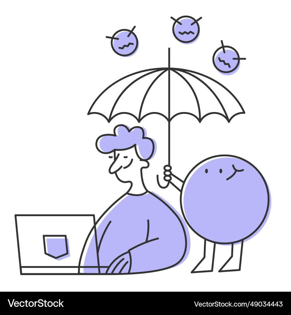 Man with a laptop uses an antivirus program Man with a laptop uses an antivirus program vector image