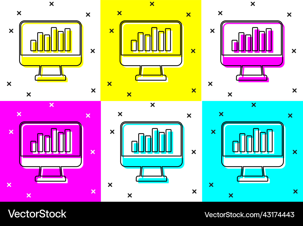 Set computer monitor with graph chart icon Set computer monitor with graph chart icon Vector Image