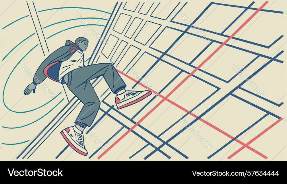 Figure walking on curved grid abstract path Vector Image