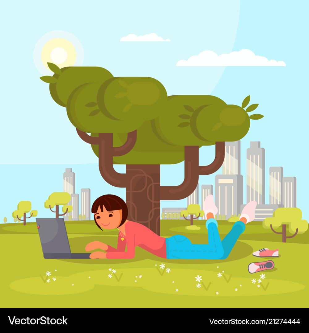 Girl with laptop in park flat Girl with laptop in park flat vector image