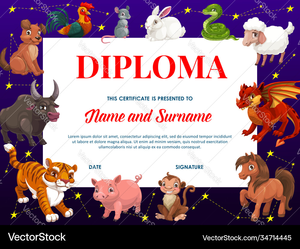 Kids diploma with chinese zodiac animals frame vector image