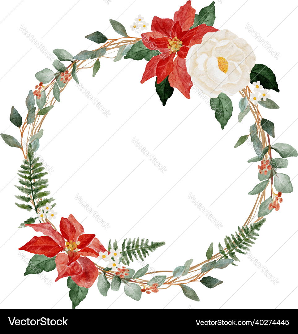 Watercolor Christmas Wreath with Flowers vector image