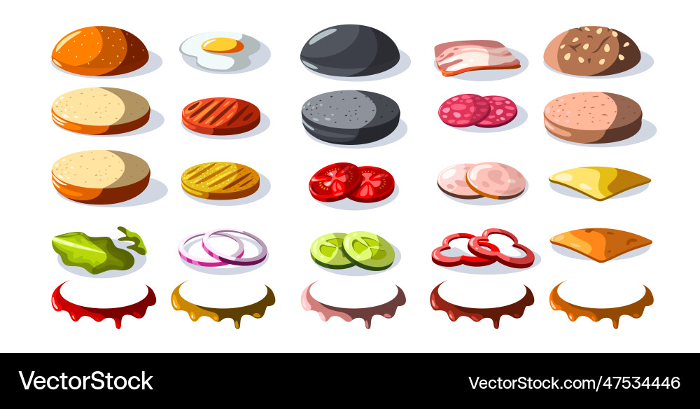 Burger ingredients cartoon fast food constructor Burger ingredients cartoon fast food constructor vector image