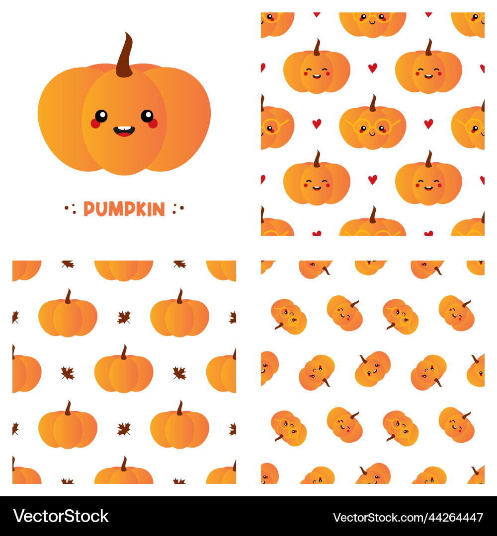 Pumpkin character and set of three patterns Pumpkin character and set of three patterns vector image