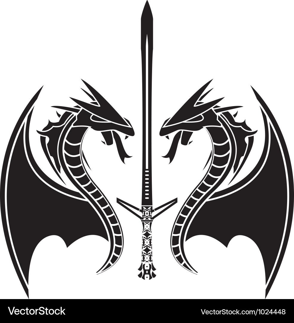Flying dragons and sword Royalty Free Vector Image