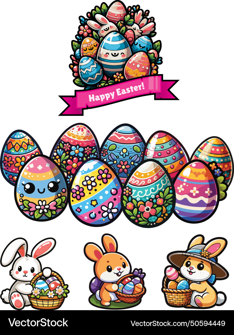 Cute easter eggs and bunnies – Free Vector | VectorStock