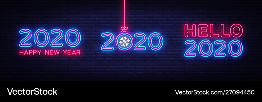 Big set 2020 happy new year neon text hello Vector Image