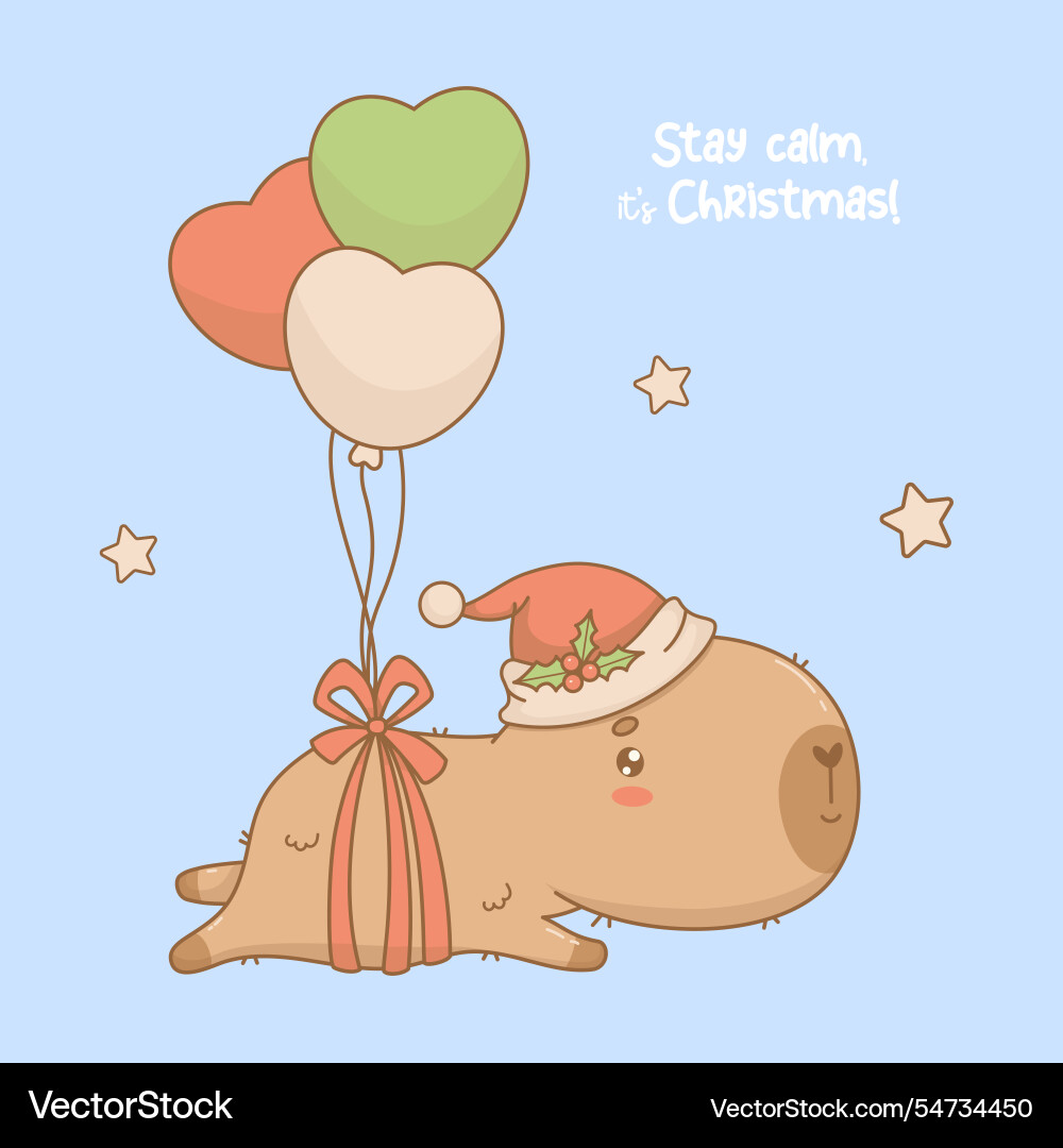 Christmas cute capybara santa flies with balloons Christmas cute capybara santa flies with balloons vector image