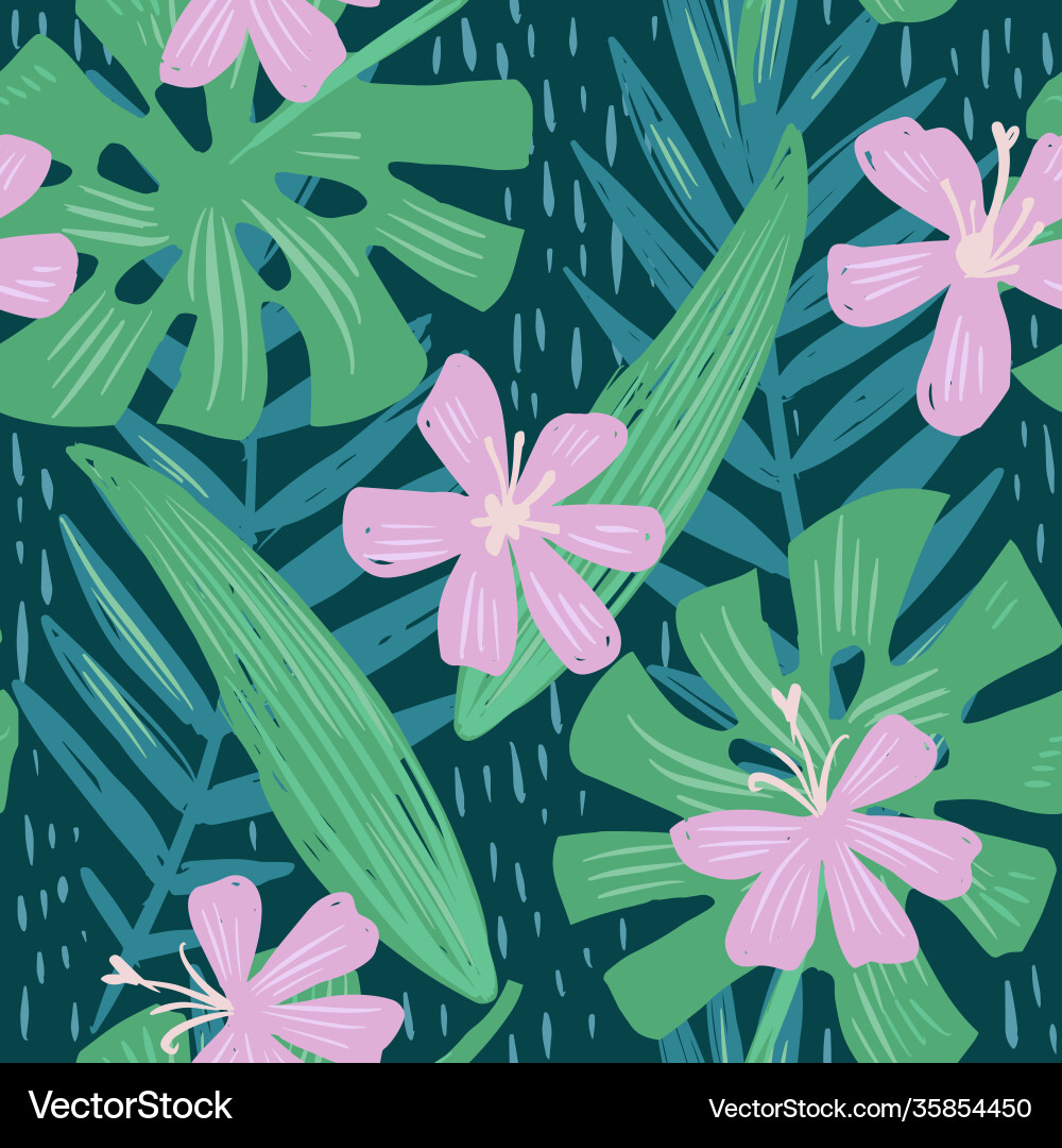 Tropical Floral Pattern - Pink & Green Vector Image