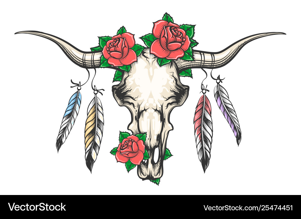 Bull Skull with Floral & Feather Adornment Vector Image