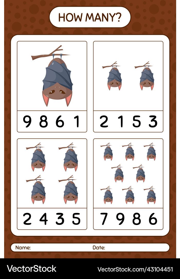 How many counting game with bat worksheet How many counting game with bat worksheet vector image