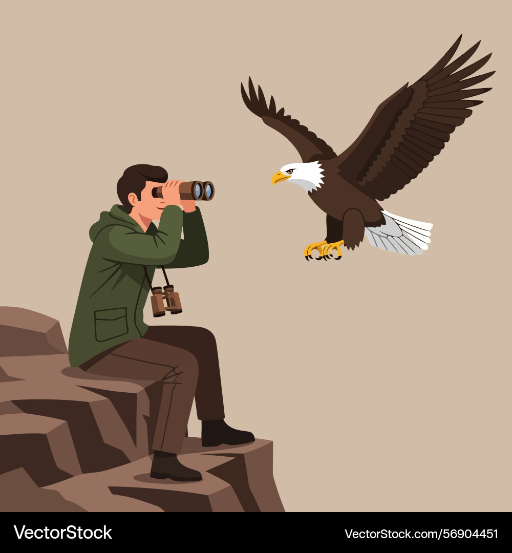 Man watching bird using binoculars while sitting Vector Image