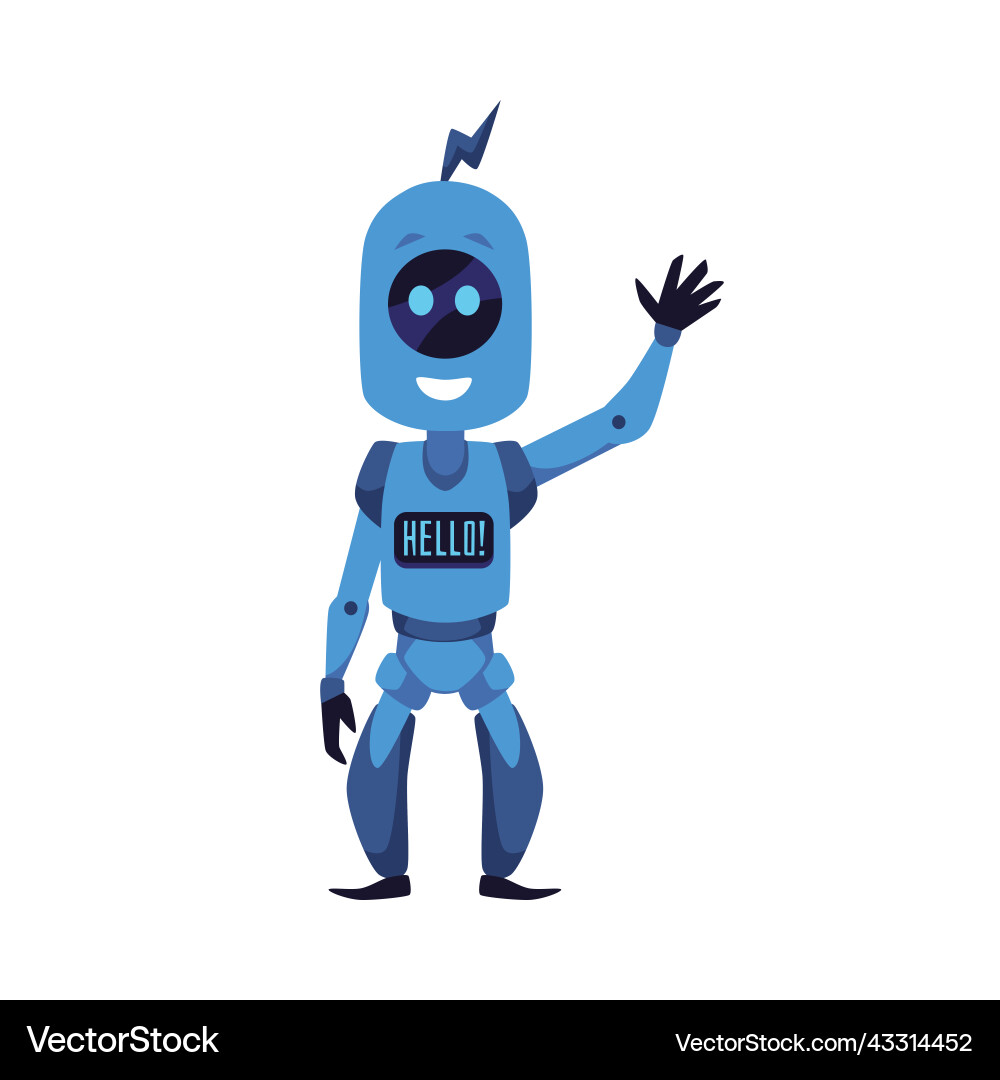 Cheerful mascot robot waving hand with hello text vector image