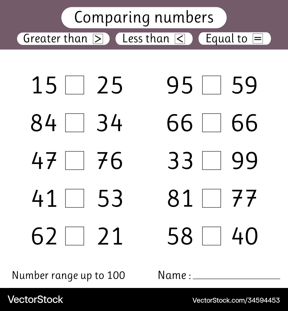Comparing Numbers: Less Than, Greater Than, Equal Vector Image
