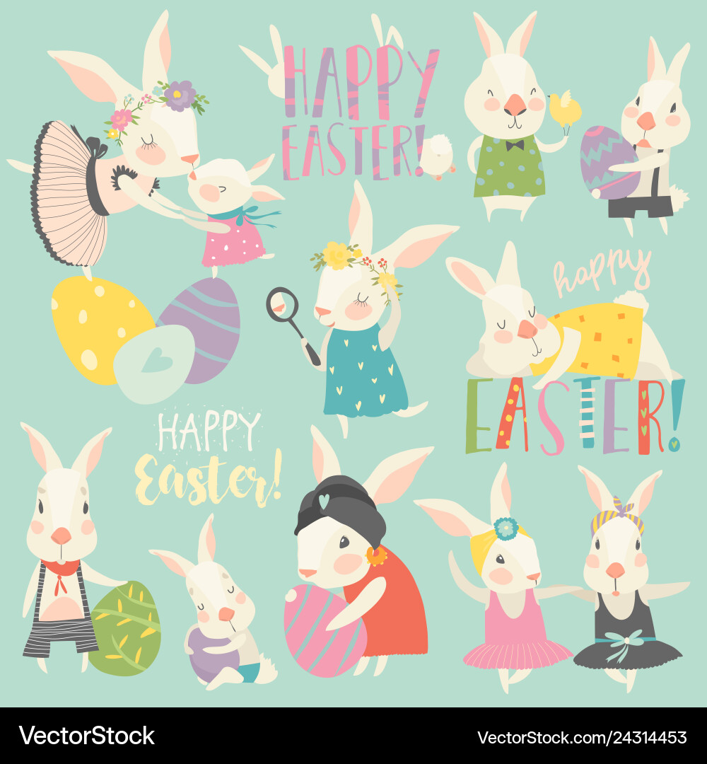 Cute Easter Rabbits and Eggs Vector Image