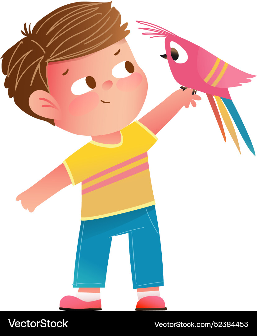 Cute little boy and his parrot pet kids cartoon Cute little boy and his parrot pet kids cartoon vector image