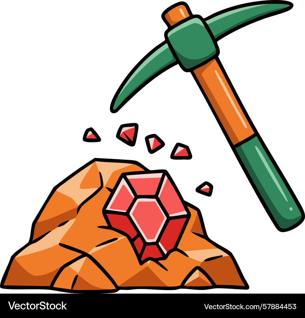 Ruby gemstone mining with pickaxe breaking rock Ruby gemstone mining with pickaxe breaking rock Vector Image