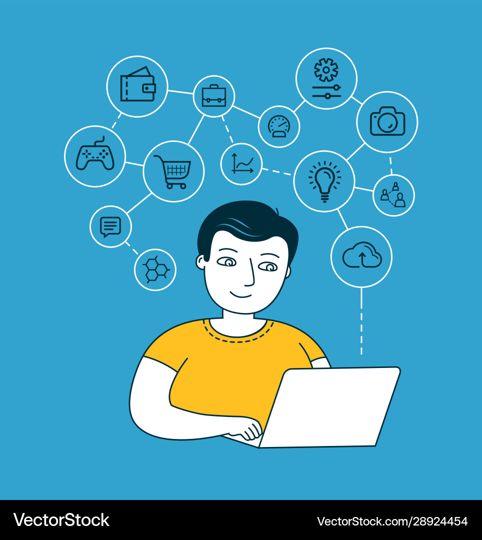 Man behind a laptop on internet networking Man behind a laptop on internet networking vector image