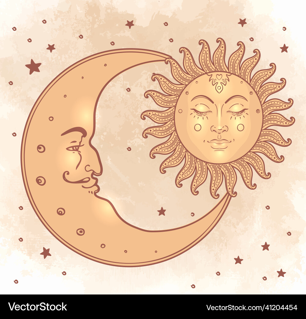 Sun and moon in vintage style – Royalty-Free Vector | VectorStock, image size:1000x1041