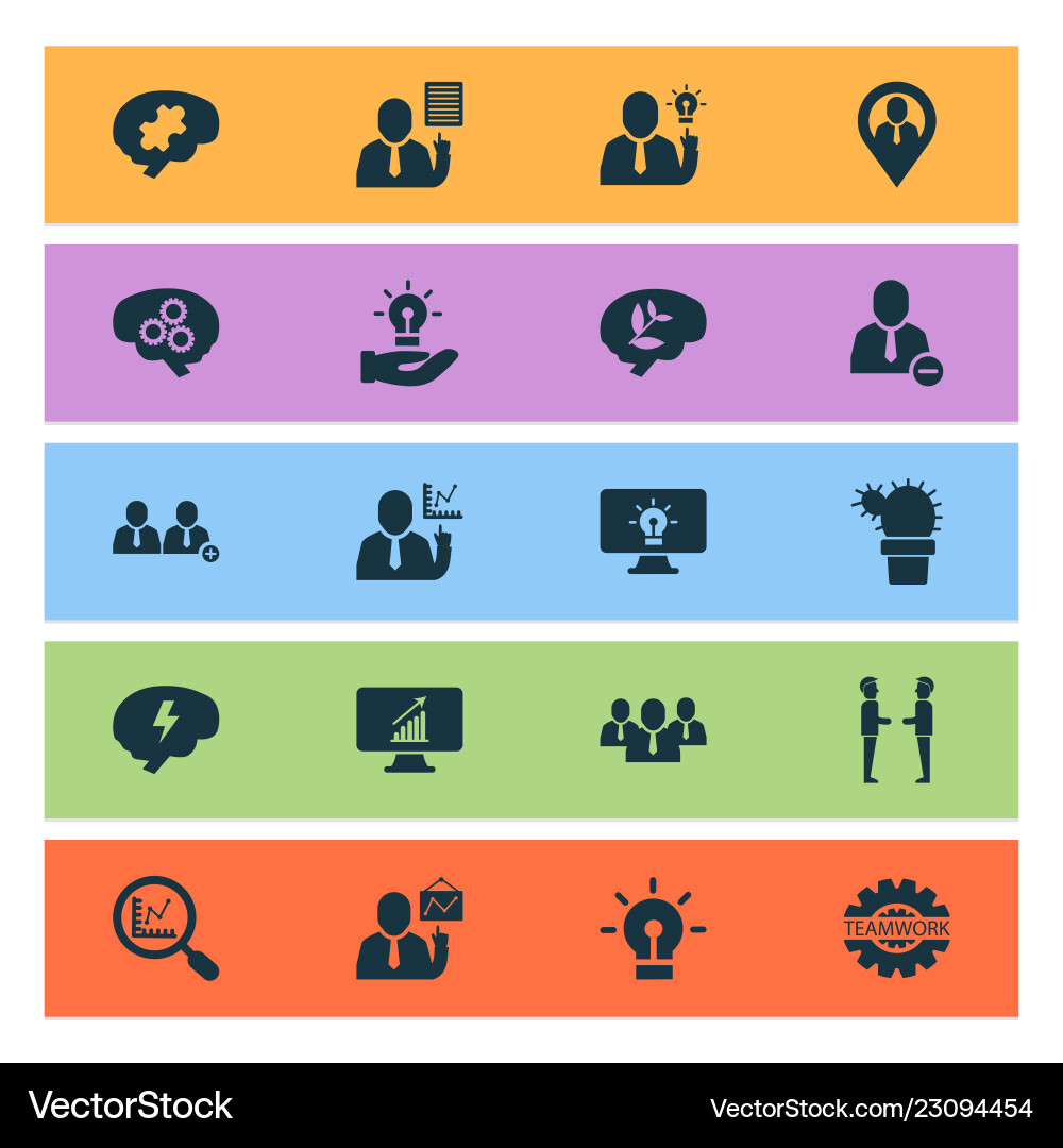 Teamwork icons set with brain work idea add team Teamwork icons set with brain work idea add team vector image