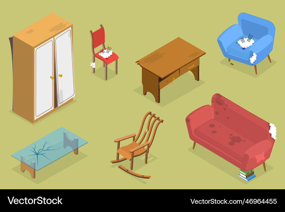 3d isometrisches flaches Set von kaputten Möbeln 3d isometrisches flaches Set von kaputten Möbeln Vektorbild