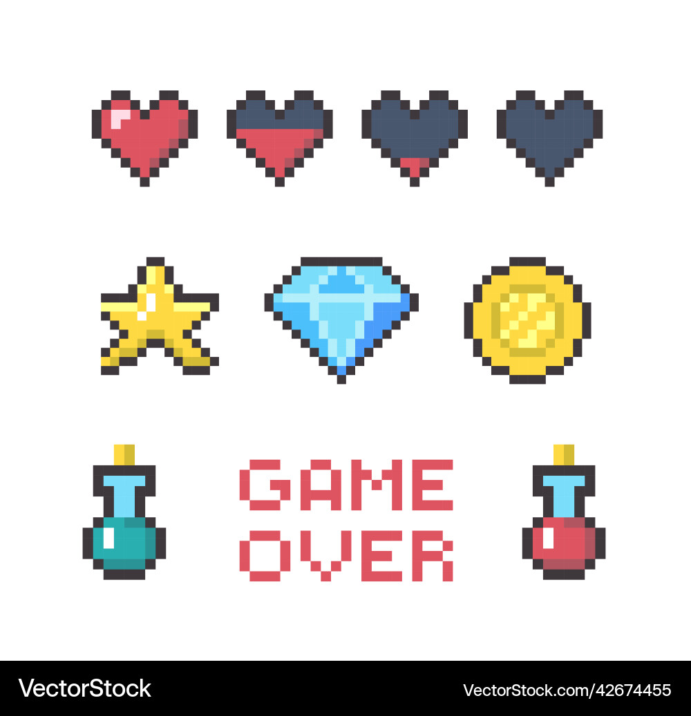 Cartoon color pixel game ui button icon set Cartoon color pixel game ui button icon set vector image