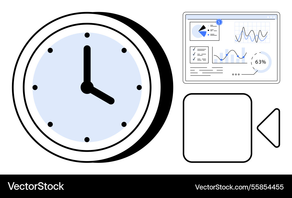Clock with data analytics dashboard and media Clock with data analytics dashboard and media vector image