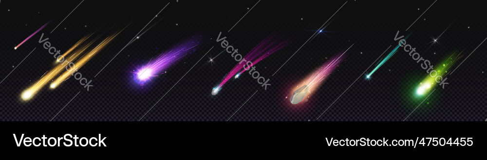 Realistic set of falling comets with speed trails Realistic set of falling comets with speed trails vector image