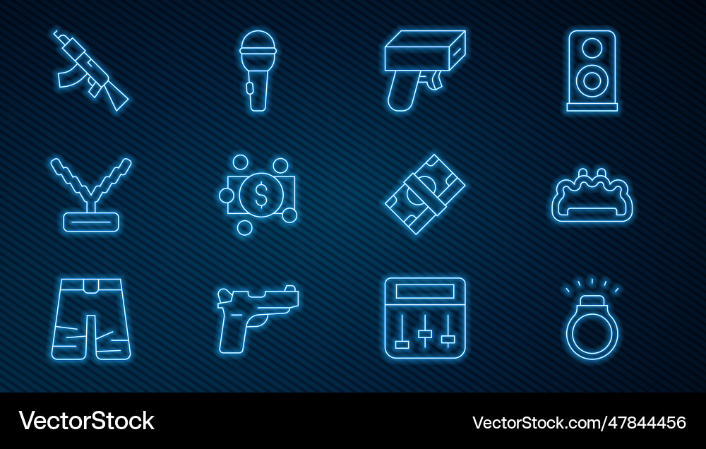 Set line diamond ring brass knuckles money gun Set line diamond ring brass knuckles money gun vector image