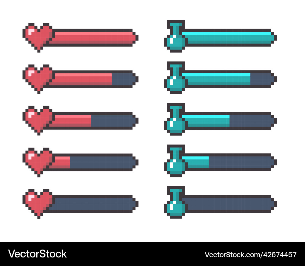 Cartoon color pixel game ui heart and potion Cartoon color pixel game ui heart and potion vector image