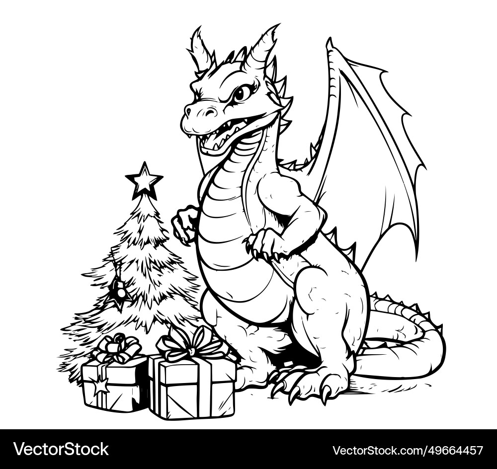 Cute baby dragon with christmas present box Cute baby dragon with christmas present box vector image