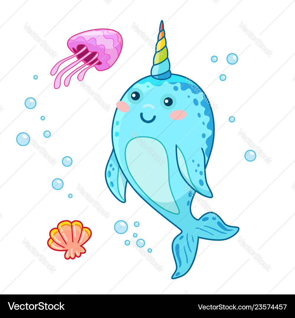 Cute cartoon kawaii narwhals with rainbow horn Cute cartoon kawaii narwhals with rainbow horn vector image