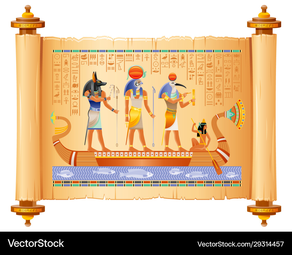 Egyptian papyrus with gods in boat anubis ra Egyptian papyrus with gods in boat anubis ra vector image