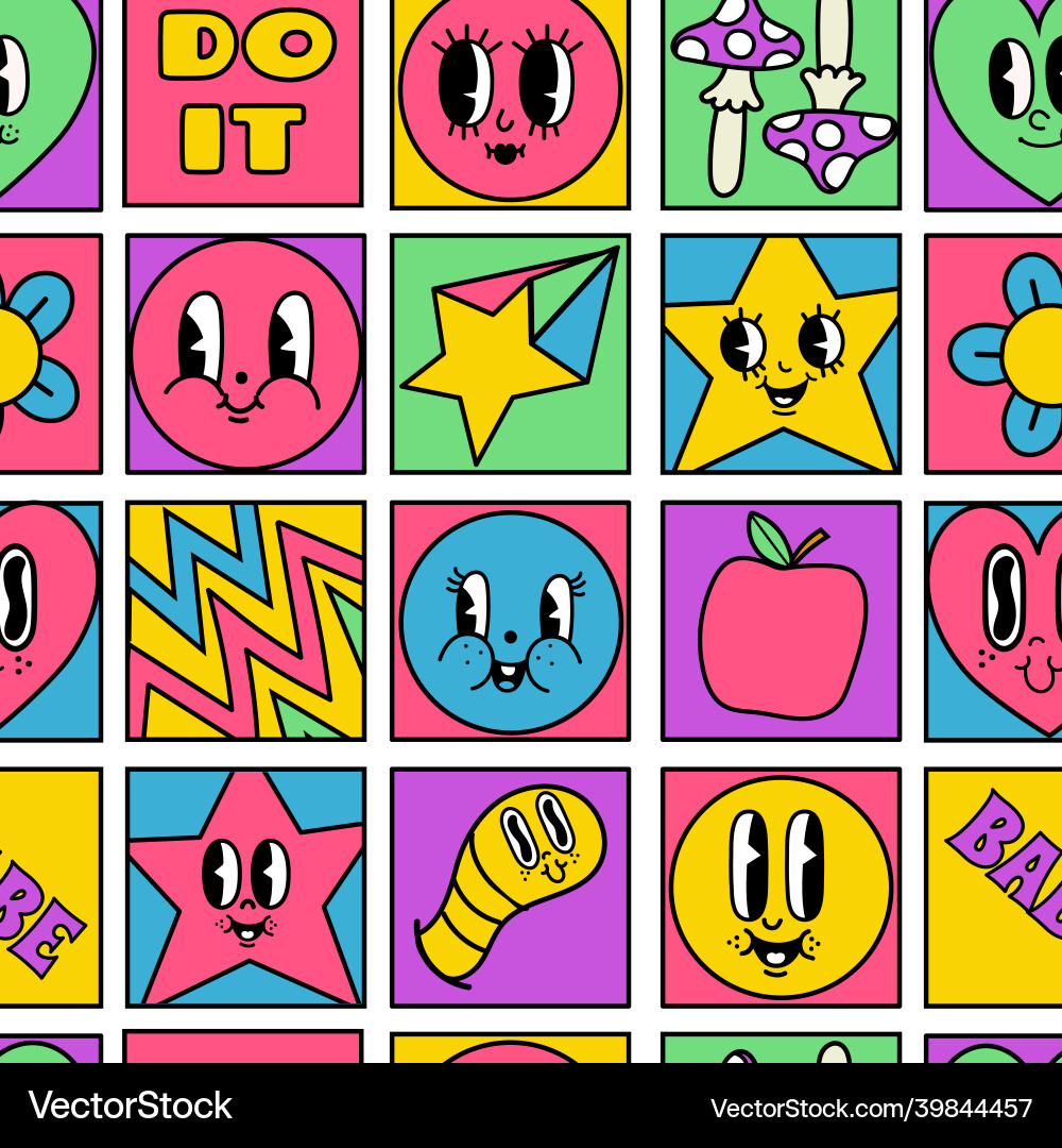 Funny crazy characters seamless squares mosaic Funny crazy characters seamless squares mosaic vector image