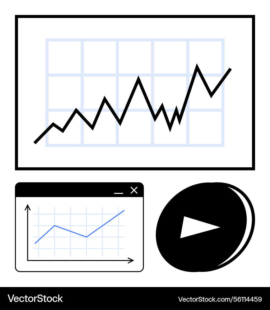 Rising line graph with play button representing Rising line graph with play button representing vector image