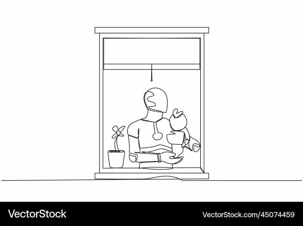 Single continuous line drawing robot holding Single continuous line drawing robot holding vector image