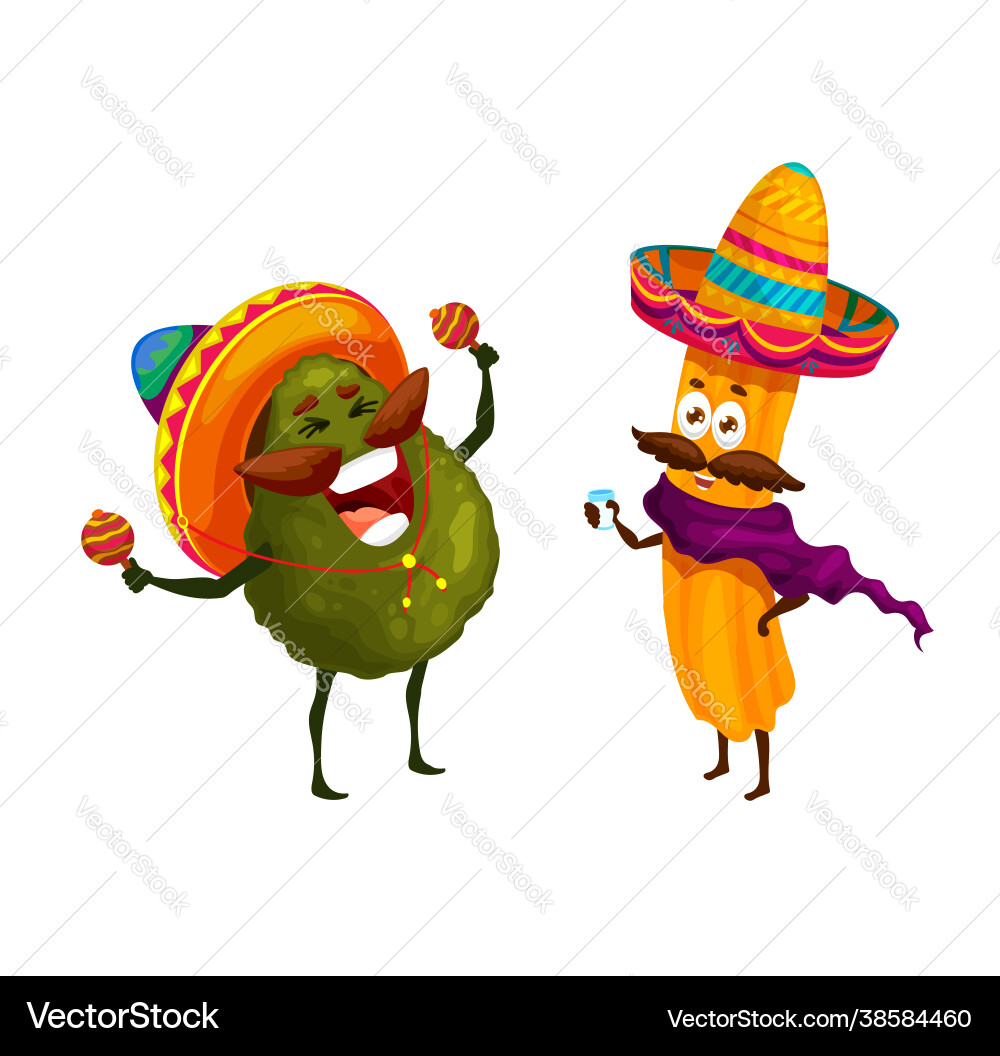 Cartoon mexican churros avocado glückliche Charaktere Cartoon mexican churros avocado glückliche Charaktere vektorbild