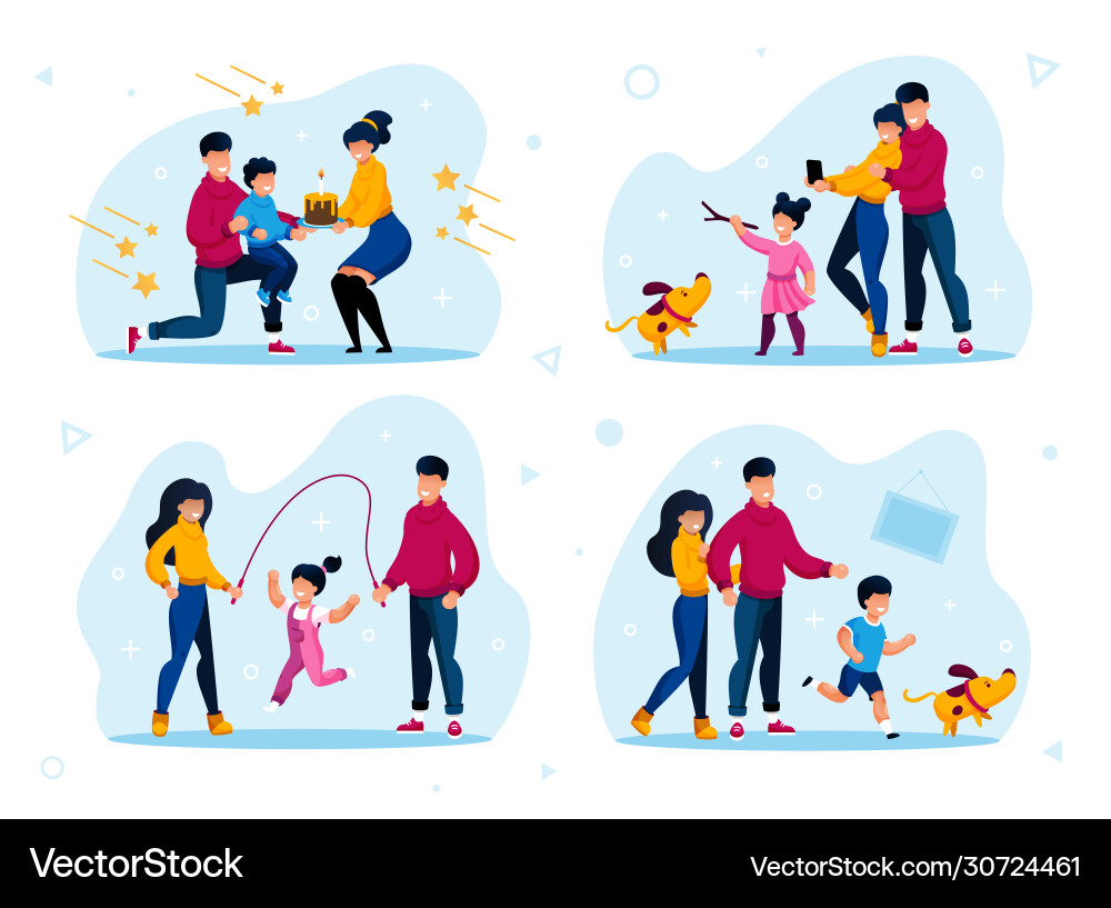 Family relationships happy moments flat set Family relationships happy moments flat set vector image