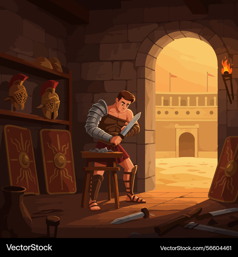 Gladiator sharpening sword in ancient workshop Vector Image