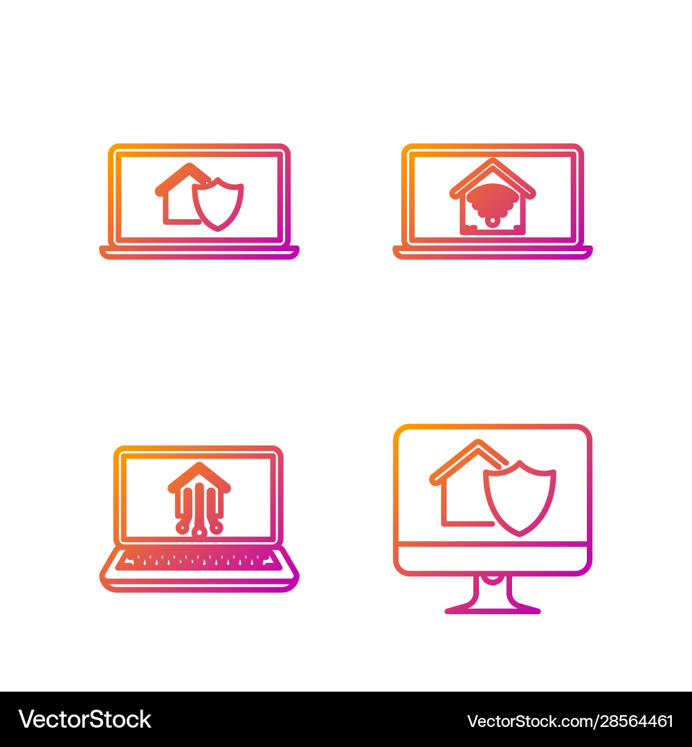 Set line computer monitor with house under Set line computer monitor with house under vector image