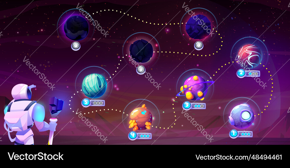 Space game level map with alien planets Space game level map with alien planets vector image