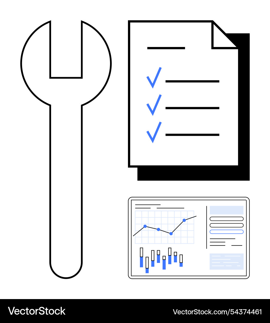 Spanner checklist with checkmarks and analytics Spanner checklist with checkmarks and analytics vector image