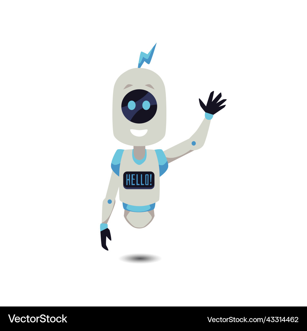 Cheerful floating robot waving hand with hello Cheerful floating robot waving hand with hello Vector Image