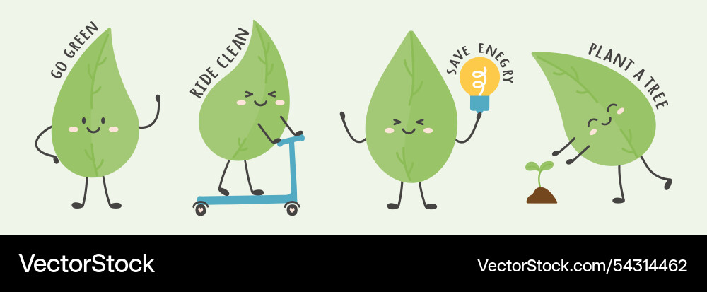 Ecology set with leaf character and slogans Ecology set with leaf character and slogans vector image