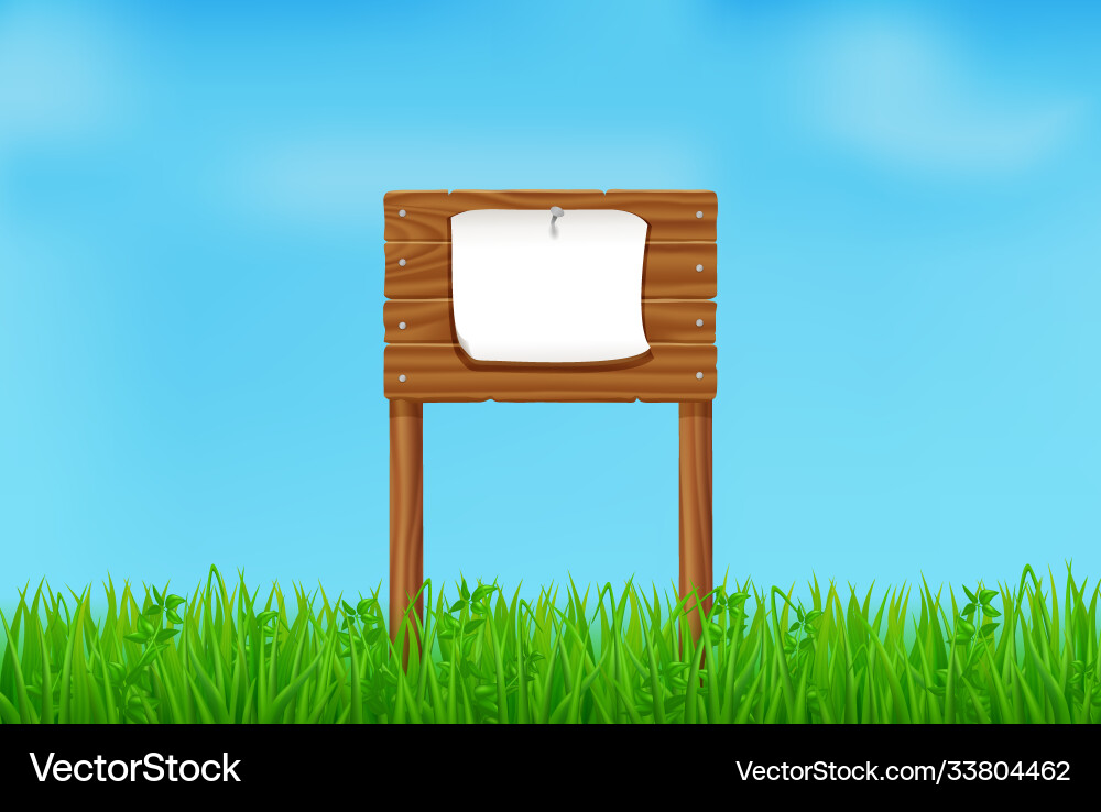Grünes Gras Holz Schildbrett und weißes Papier Grünes Gras Holz Schildbrett und weißes Papier vektorbild