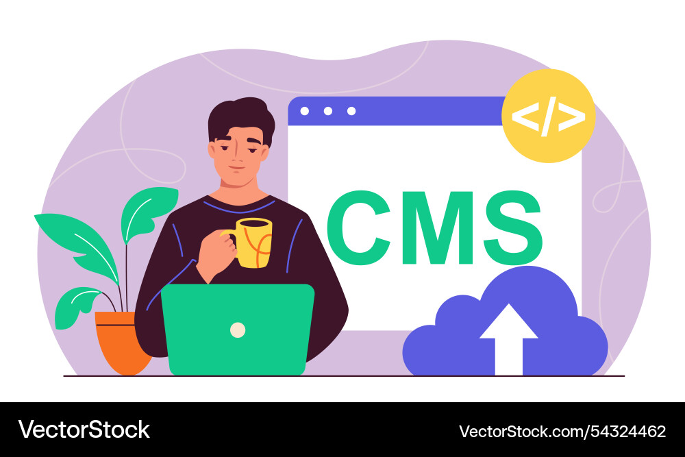 Man with cms content management system Man with cms content management system vector image