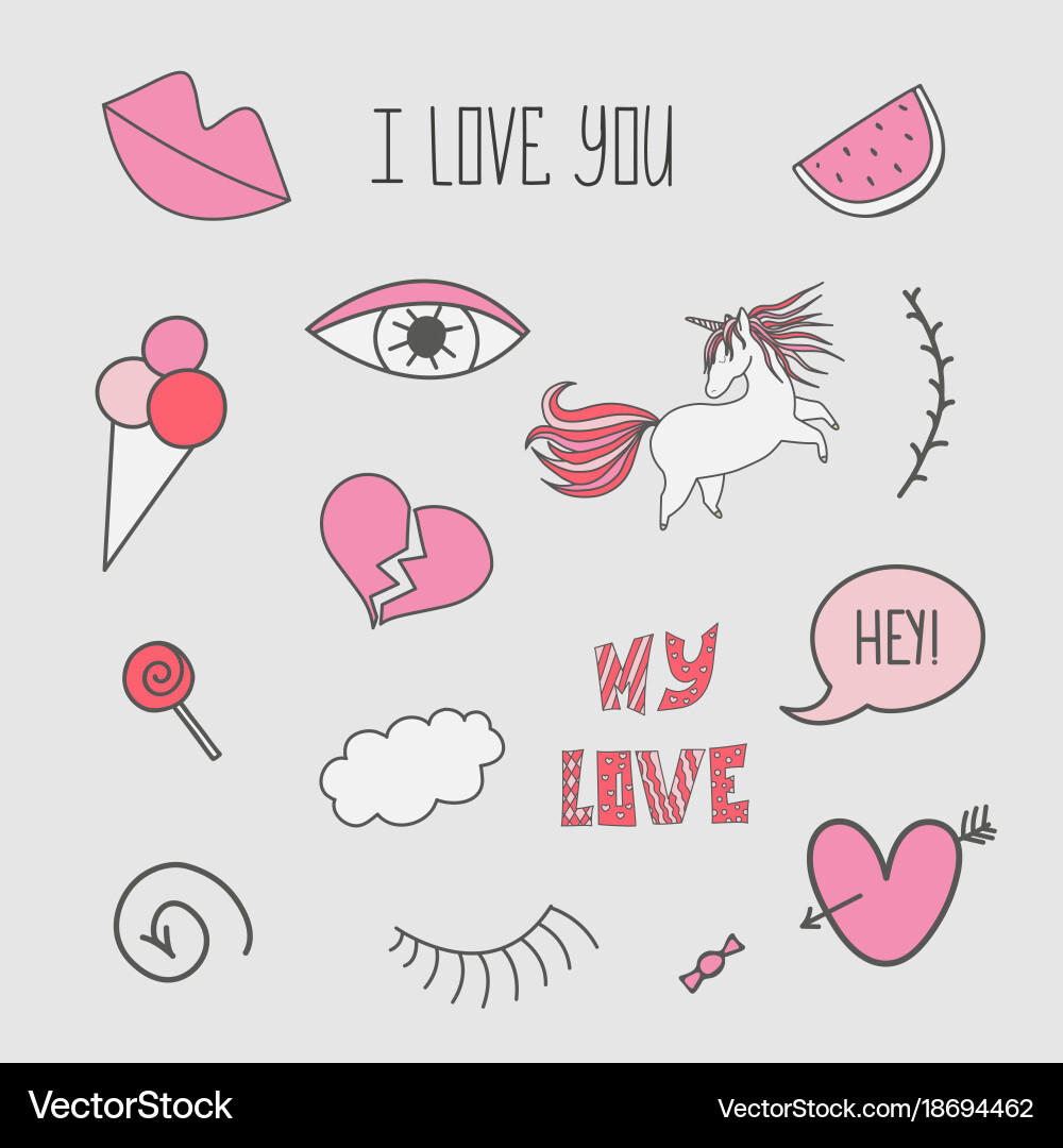 Patch badges with unicorns valentines elements Vector Image