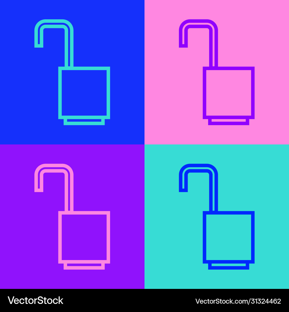 Pop art line open padlock icon isolated on color Vector Image