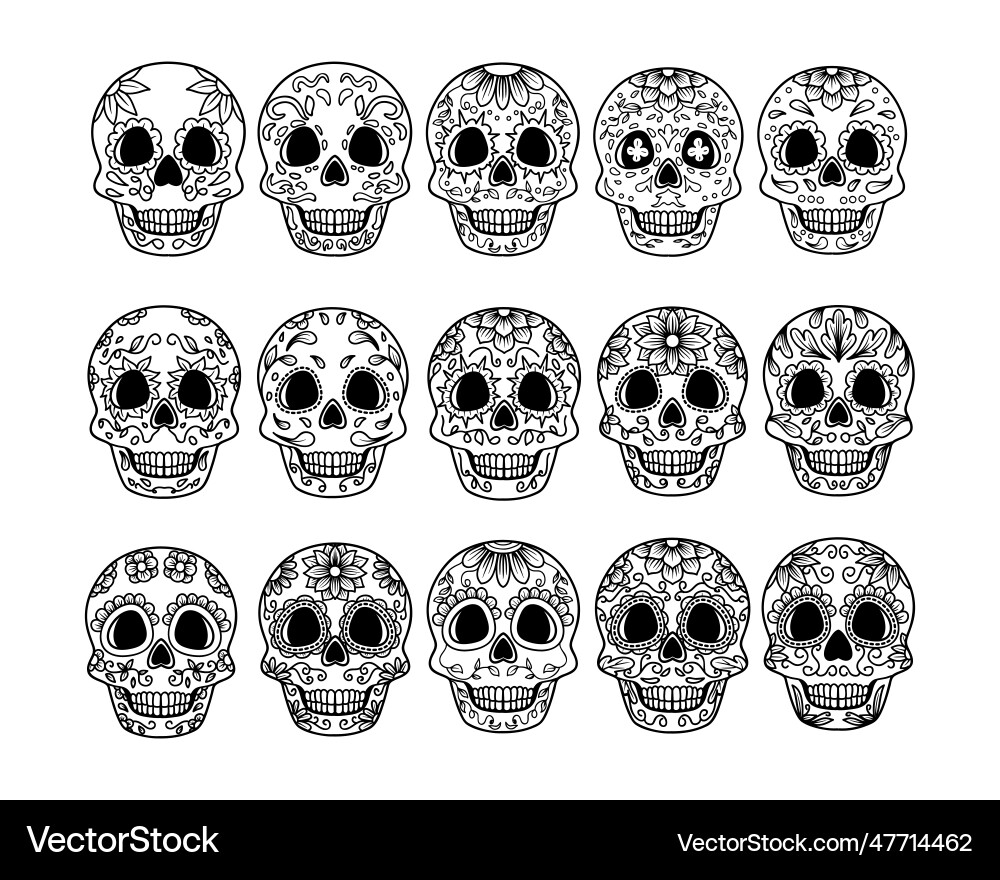 Set of sugar skull outline sketch collection Vector Image
